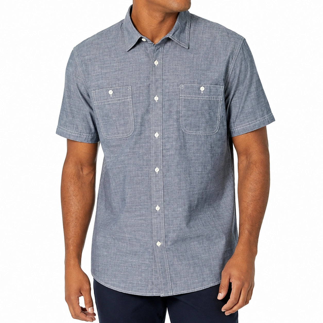 Chemise homme taille M en tissu tissé bleu gris à manches courtes avec poches poitrine