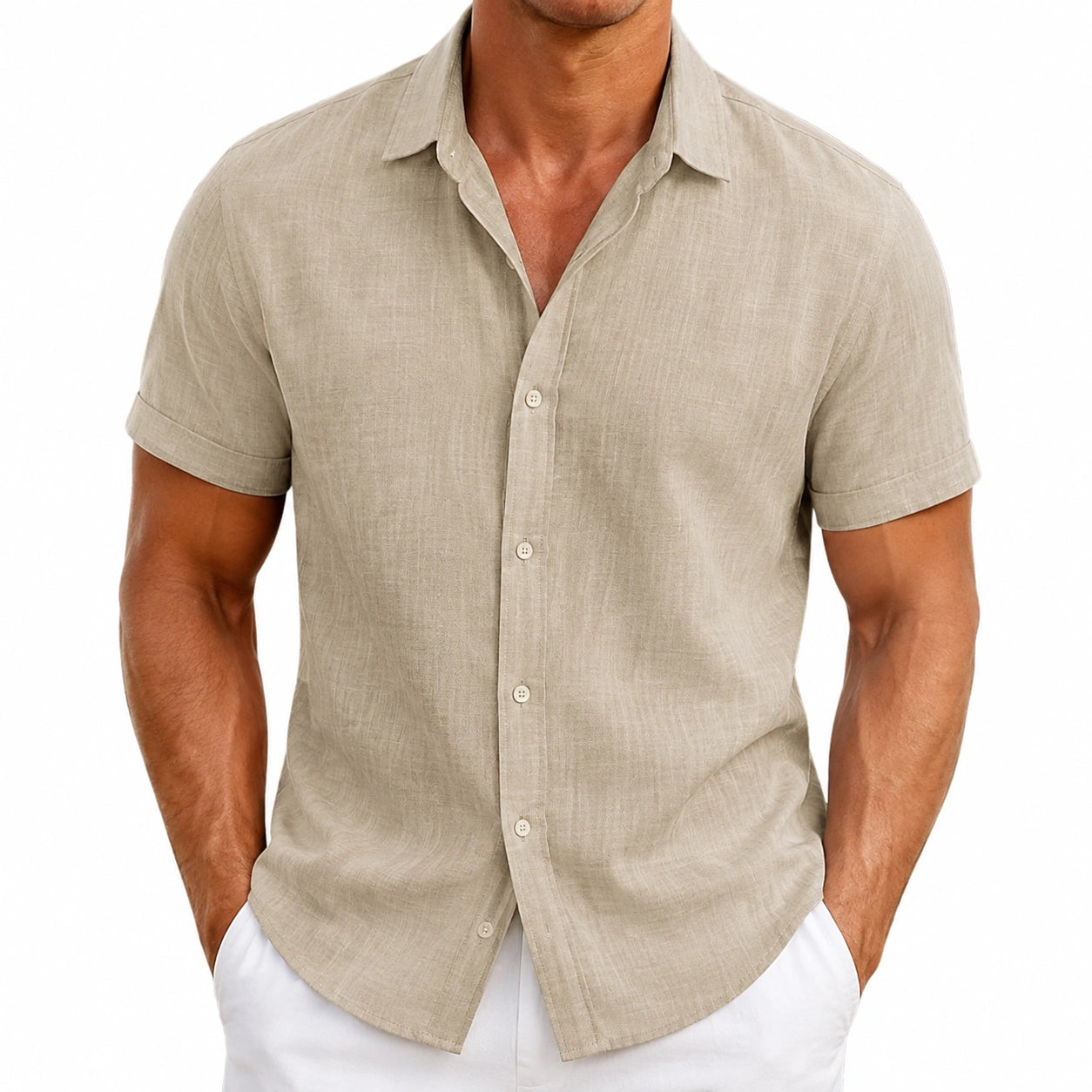 Chemise homme L en tissu aspect lin beige à manches courtes coupe décontractée