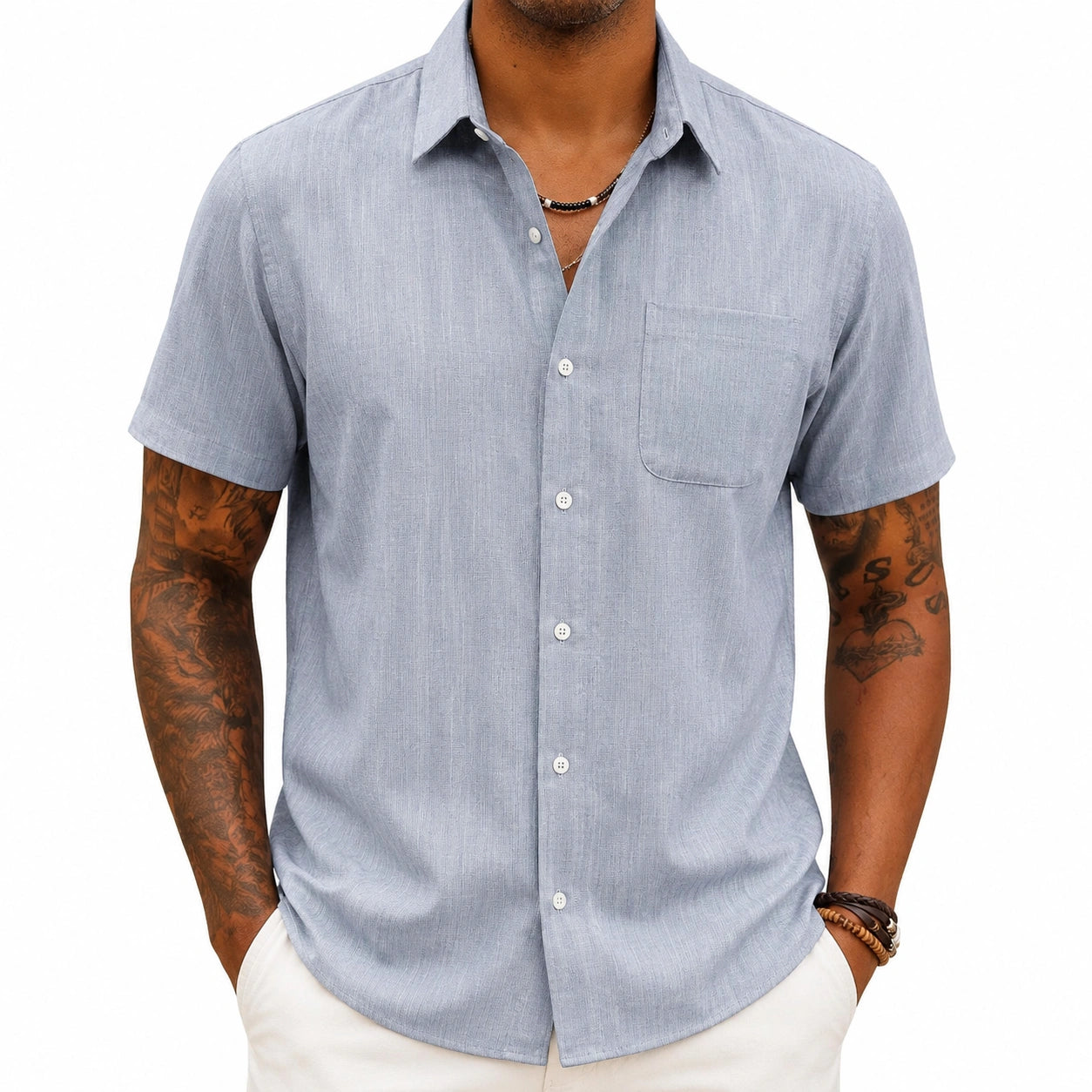 Chemise homme L bleu clair à manches courtes en tissu tissé style décontracté