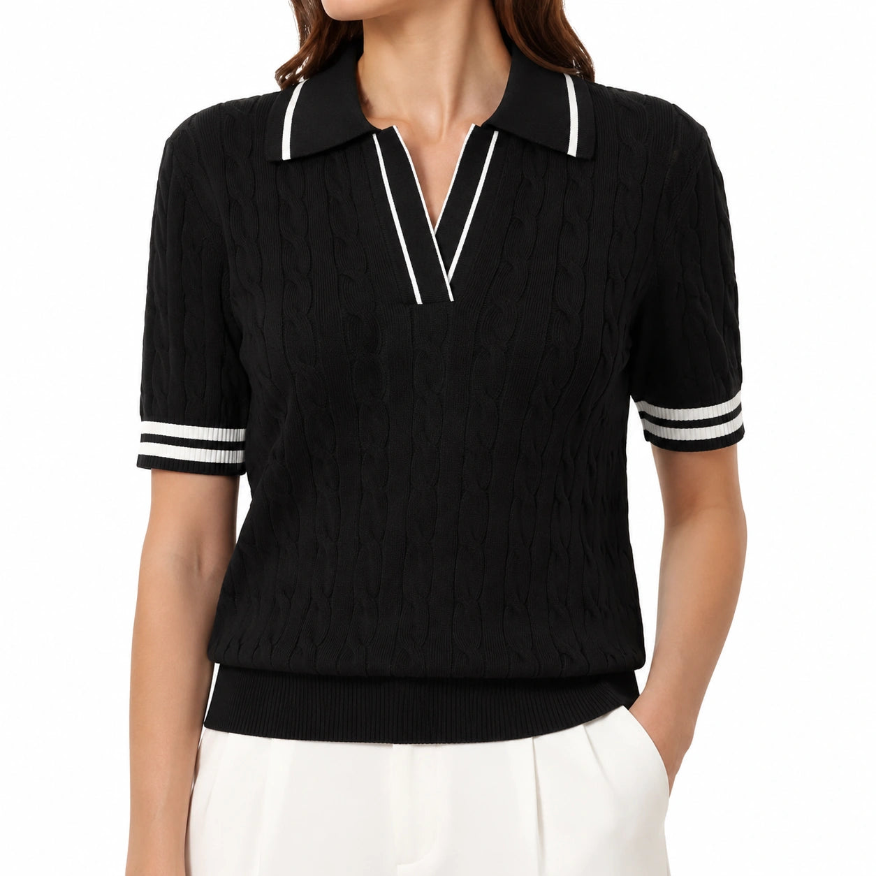 Pull polo femme taille L en maille noir et blanc à manches courtes style torsadé