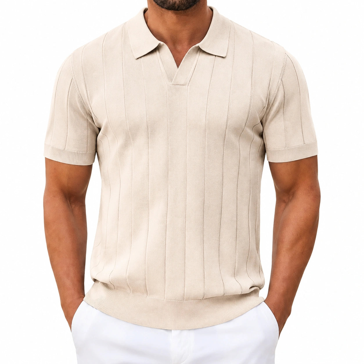 Polo homme M en maille beige à manches courtes style texturé