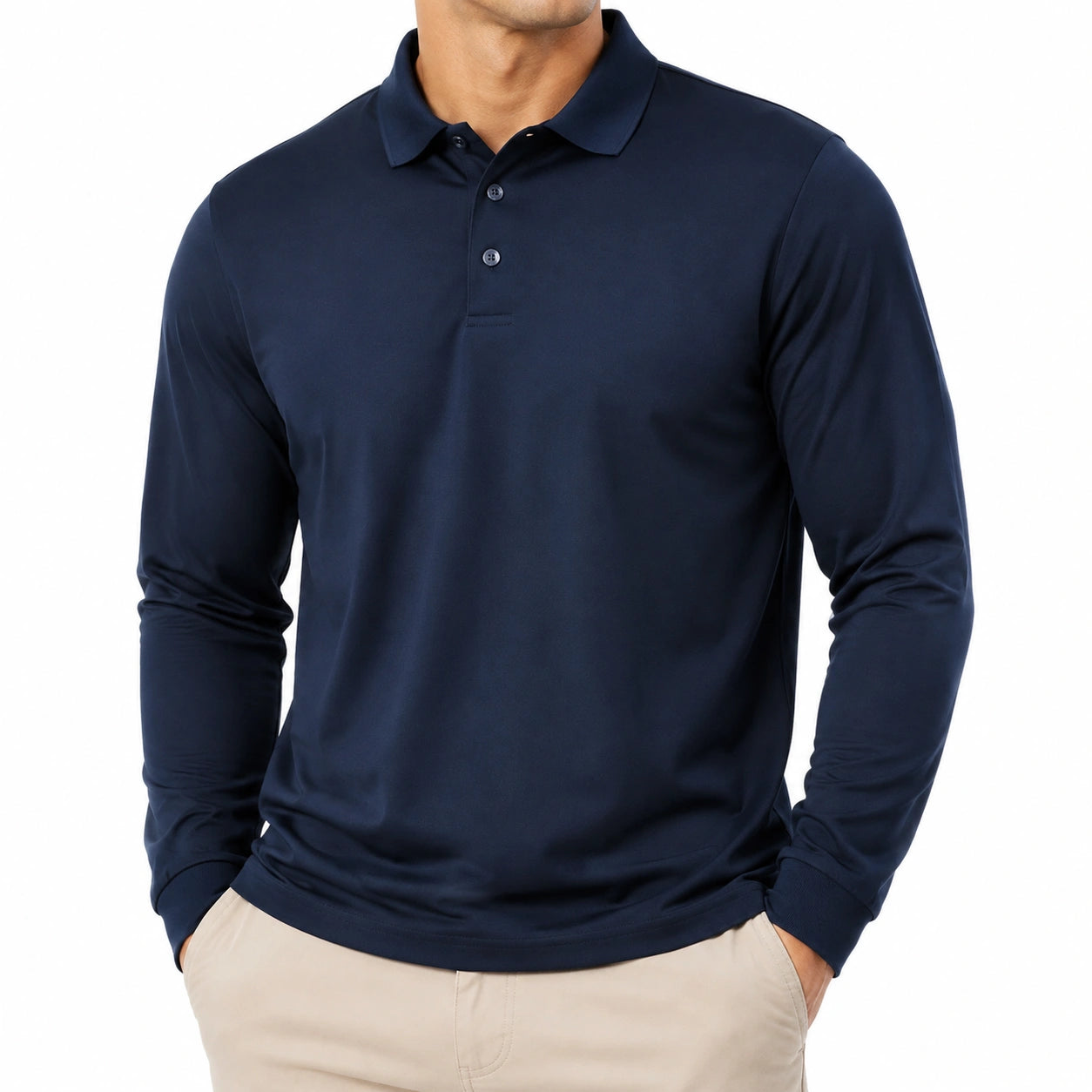 Polo homme taille L bleu marine manches longues en maille unie style décontracté