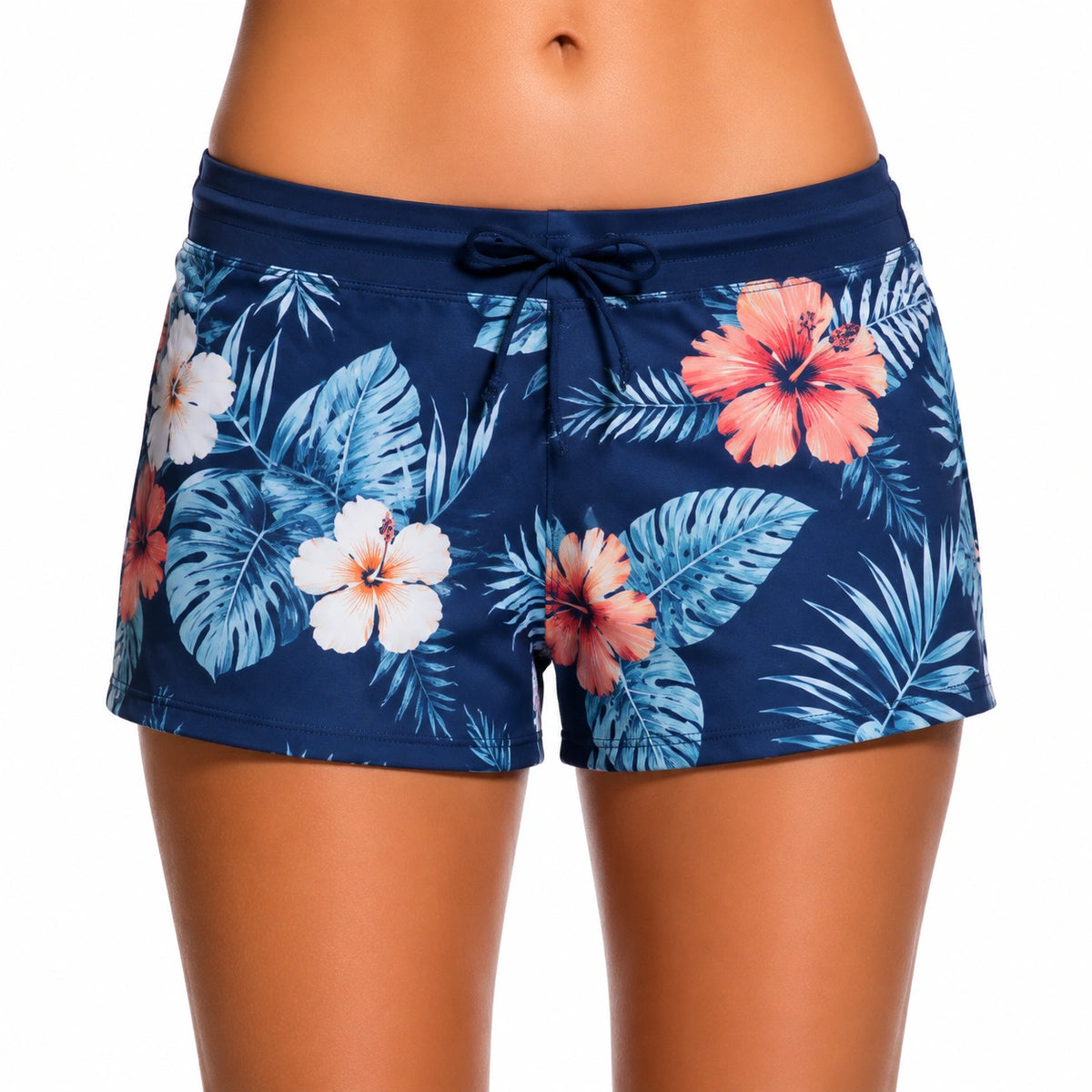 Short de bain femme taille M bleu marine à motif floral avec cordon de serrage