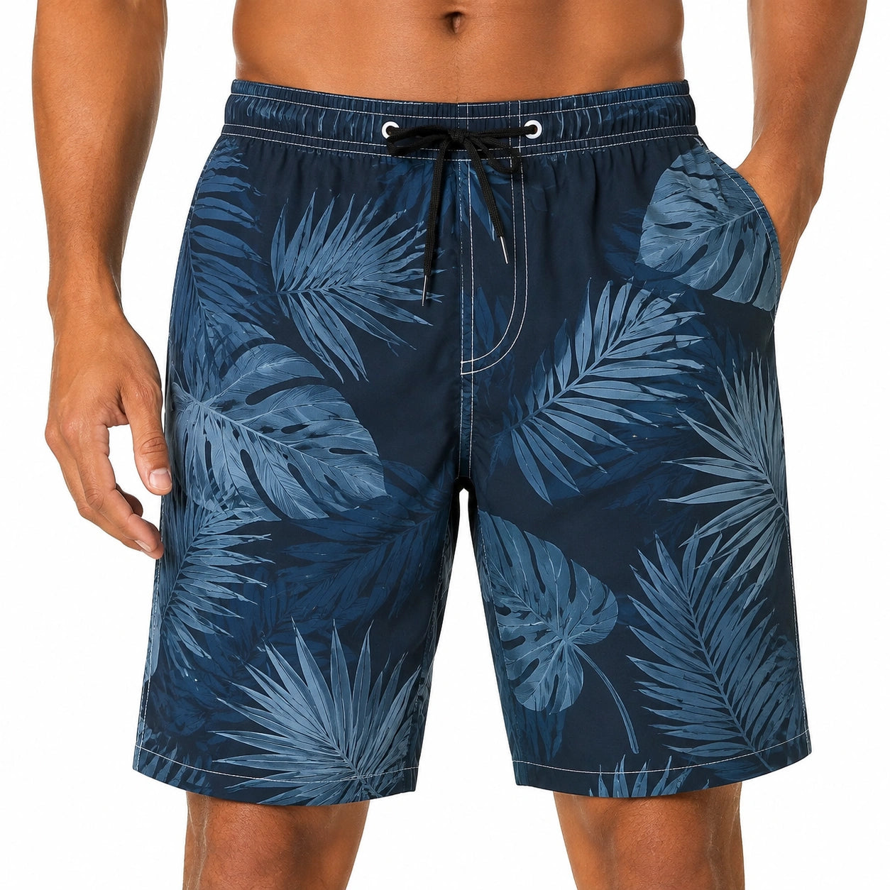 Short de bain homme M bleu marine à imprimé feuillage avec cordon de serrage