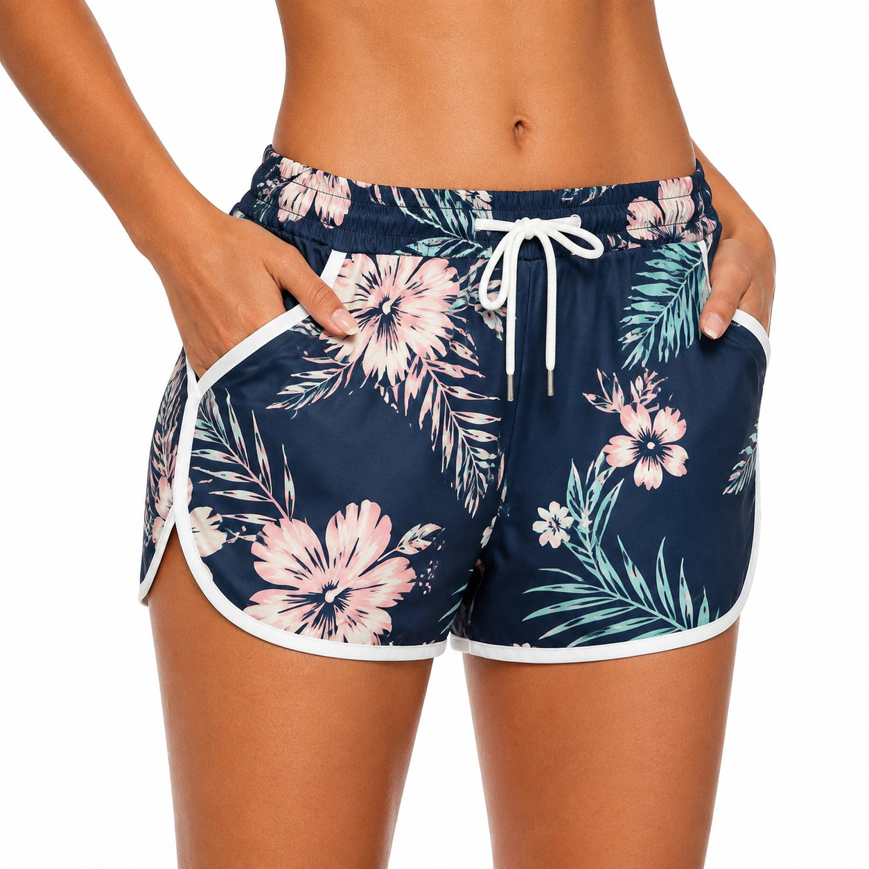 Short de bain femme M en tissu synthétique bleu marine à motif floral avec cordon de serrage