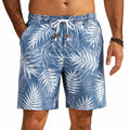 Short de bain homme L en tissu synthétique bleu et blanc à motif feuillage avec taille élastique