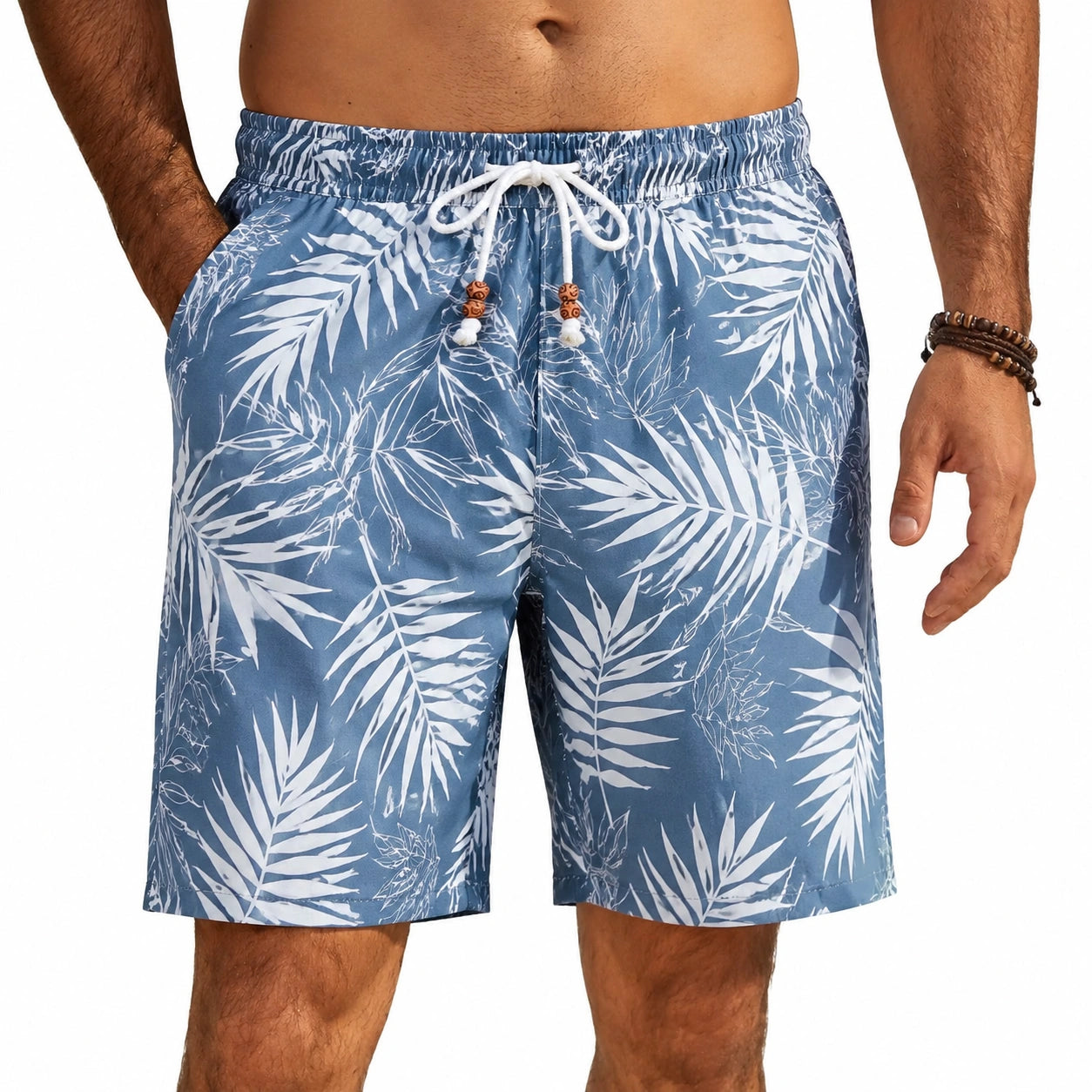 Short de bain homme L en tissu synthétique bleu et blanc à motif feuillage avec taille élastique