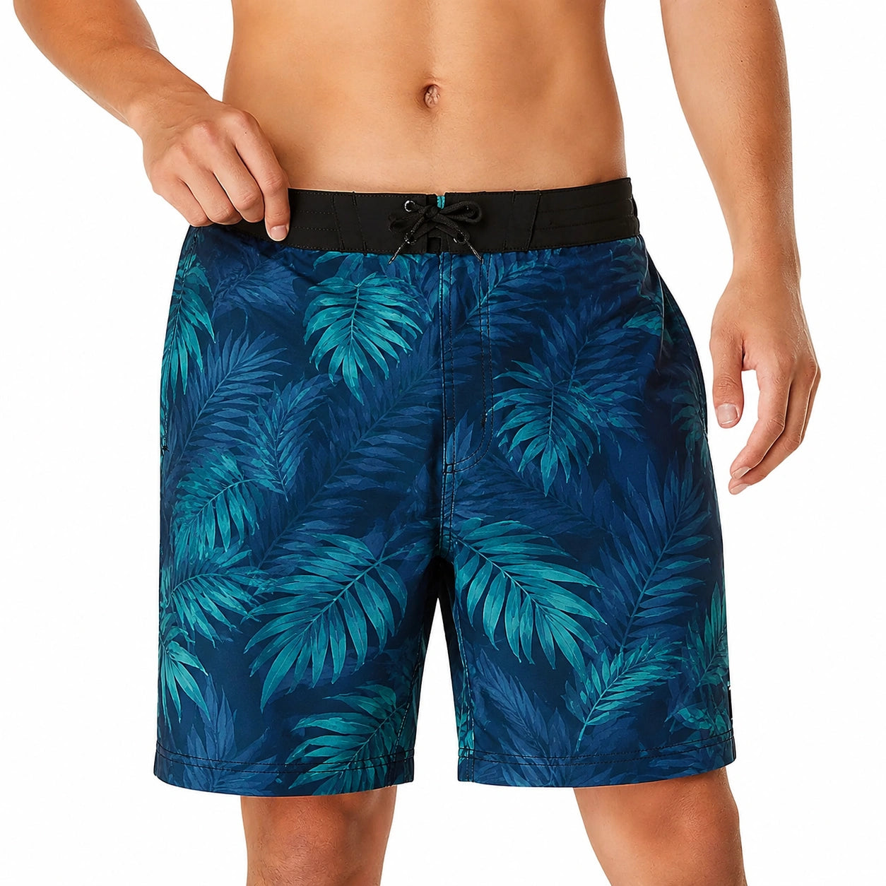 Short de bain homme taille L en tissu synthétique bleu à motif feuillage avec cordon de serrage