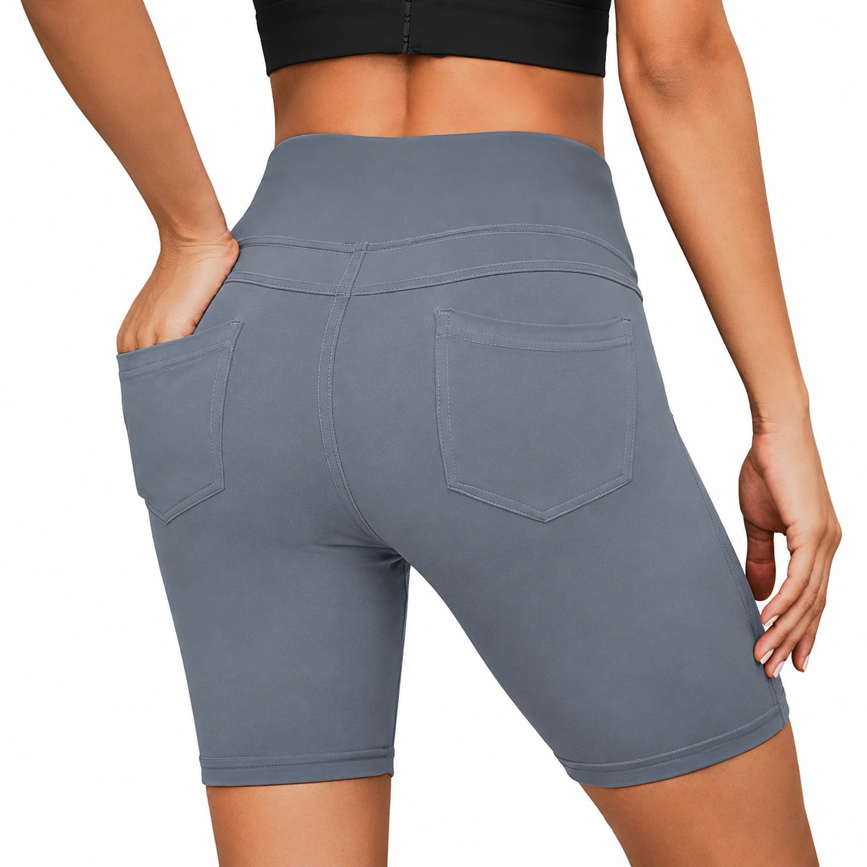 Short cycliste femme M en tissu extensible gris taille haute avec poches
