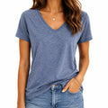 T-shirt femme taille S en maille textile bleu chiné col V manches courtes décontracté