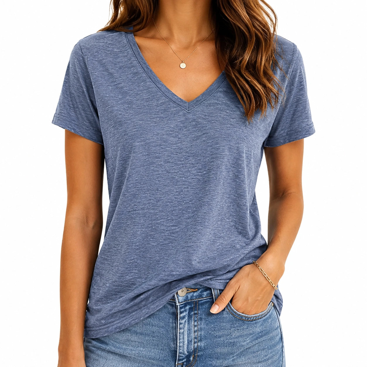 T-shirt femme taille S en maille textile bleu chiné col V manches courtes décontracté