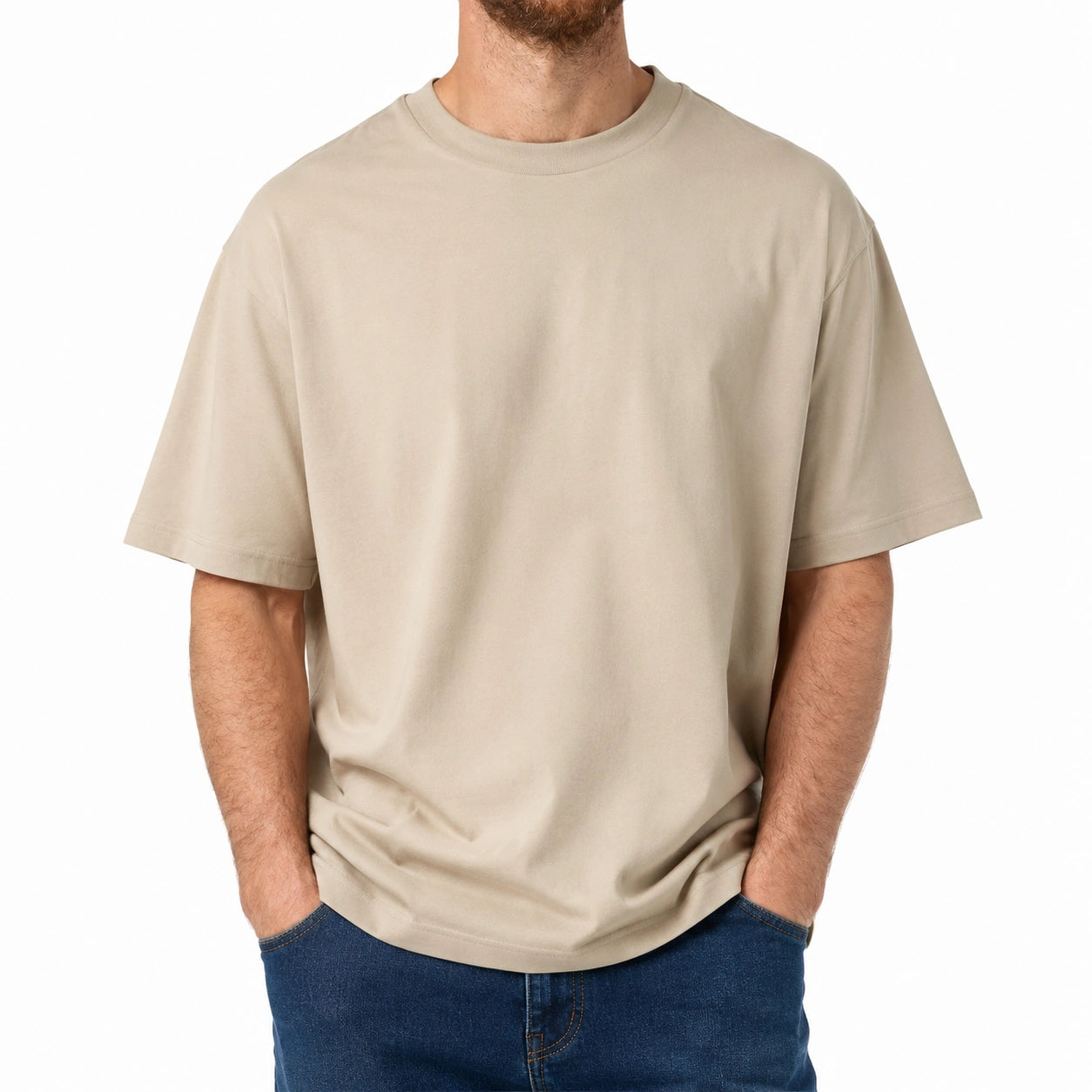 T-shirt homme M beige uni coupe ample à manches courtes