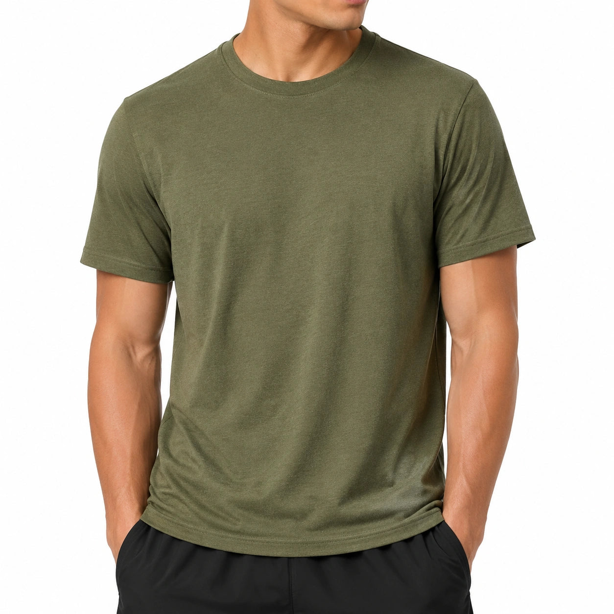 T-shirt homme taille L vert kaki à manches courtes col rond coupe droite